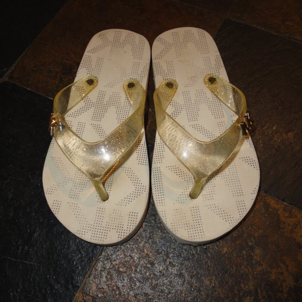 MICHAEL KORS White MK Logo Flip Flops Girl's Size 12-12.5